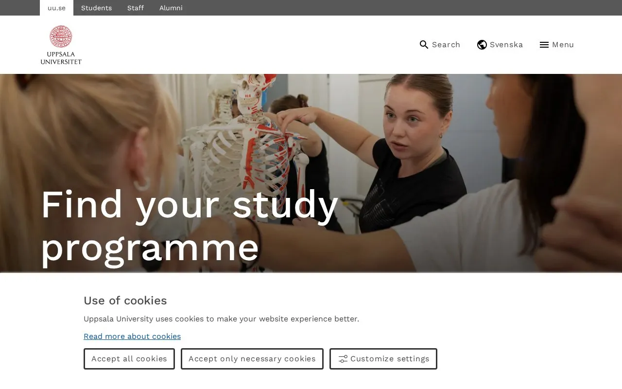 Uppsala University homepage screenshot