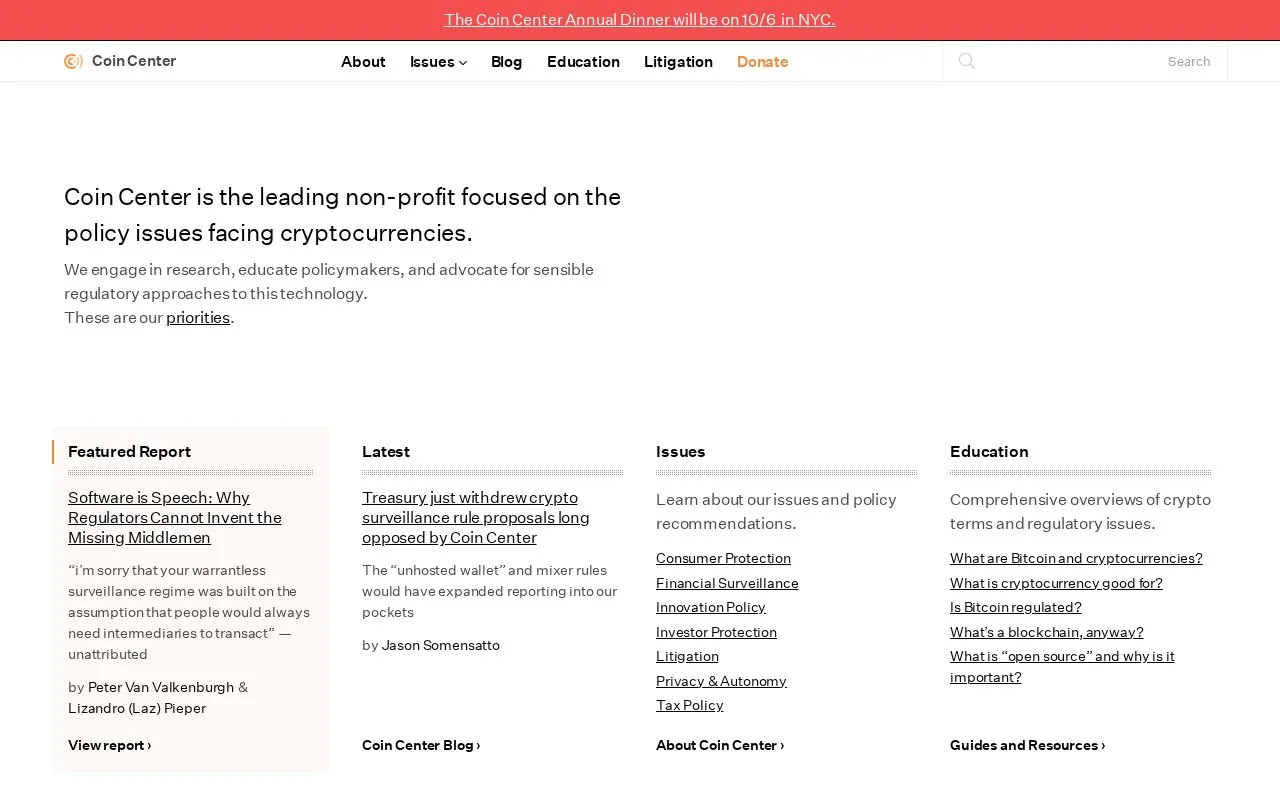 Coin Center homepage screenshot