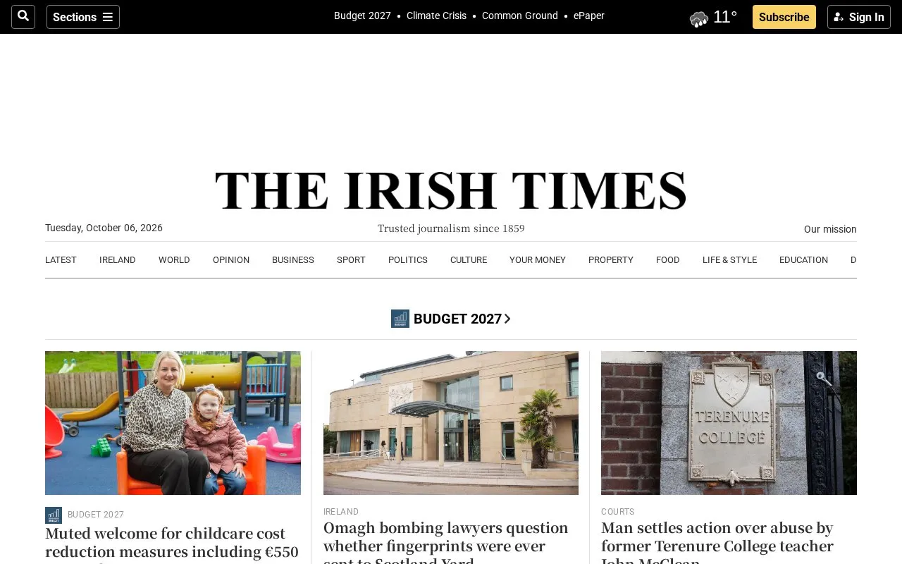 The Irish Times homepage screenshot