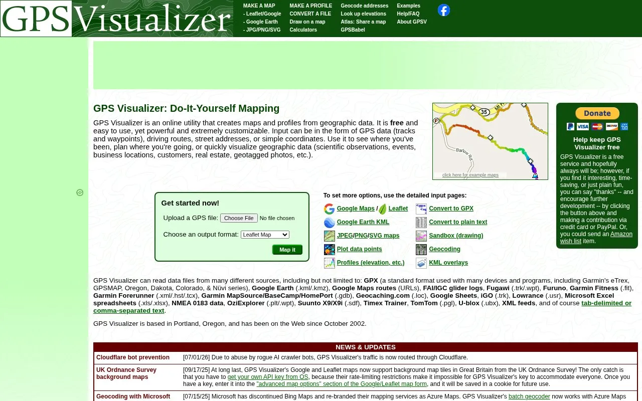 GPS Visualizer homepage screenshot