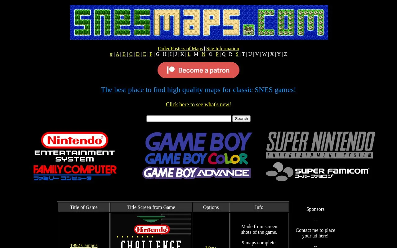 SNES Maps homepage screenshot