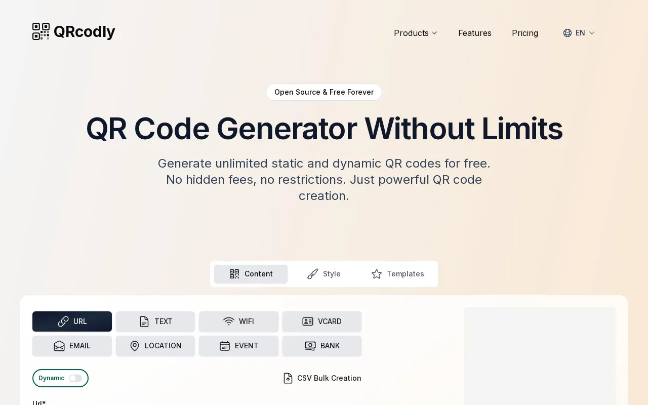 QRcodly homepage screenshot