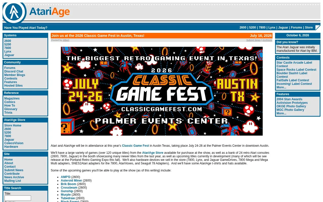 AtariAge homepage screenshot