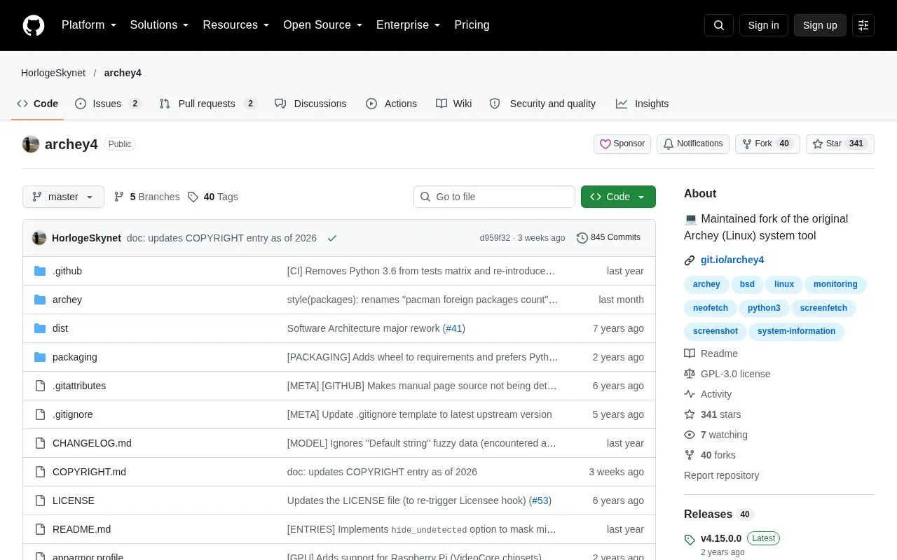 Archey4 homepage screenshot