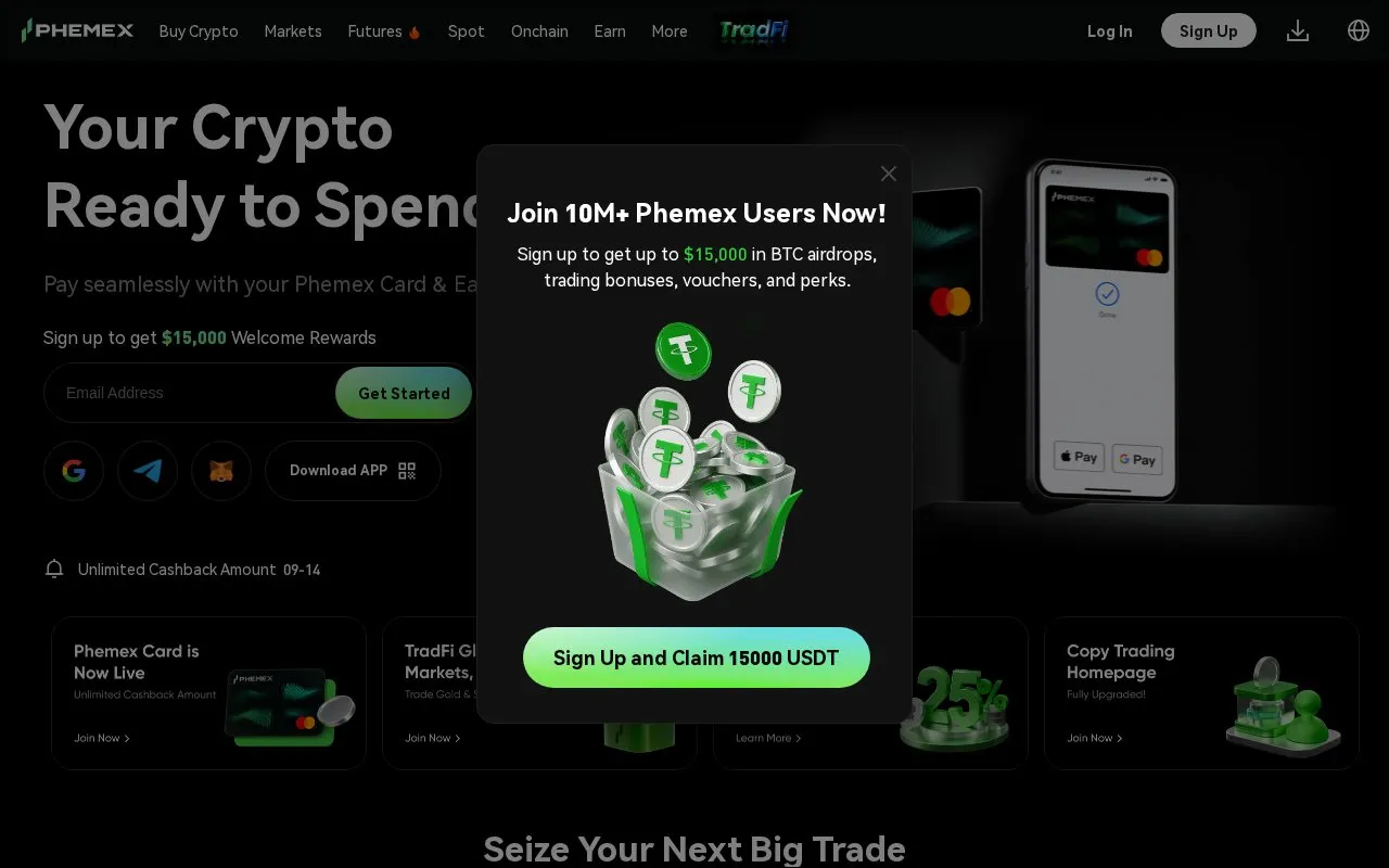 Phemex homepage screenshot