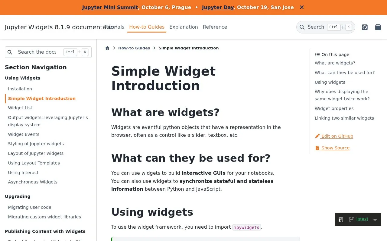 Jupyter Widgets official documentation homepage screenshot