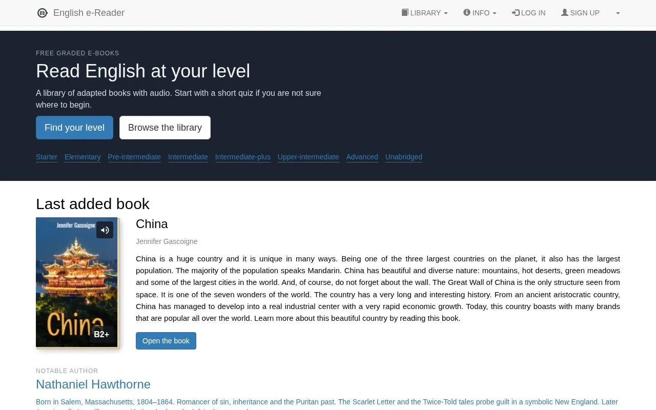 English e-reader homepage screenshot