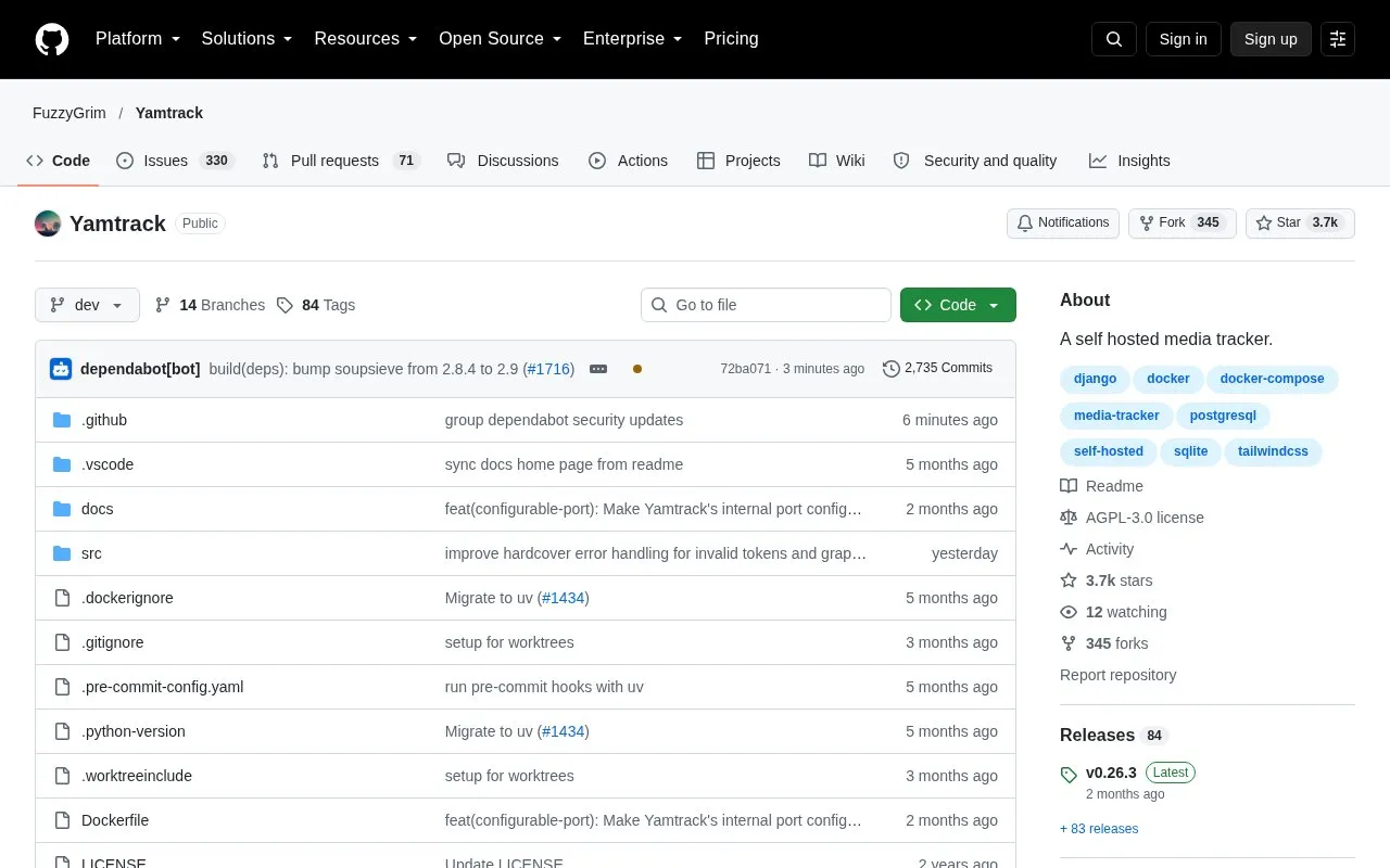 Yamtrack homepage screenshot