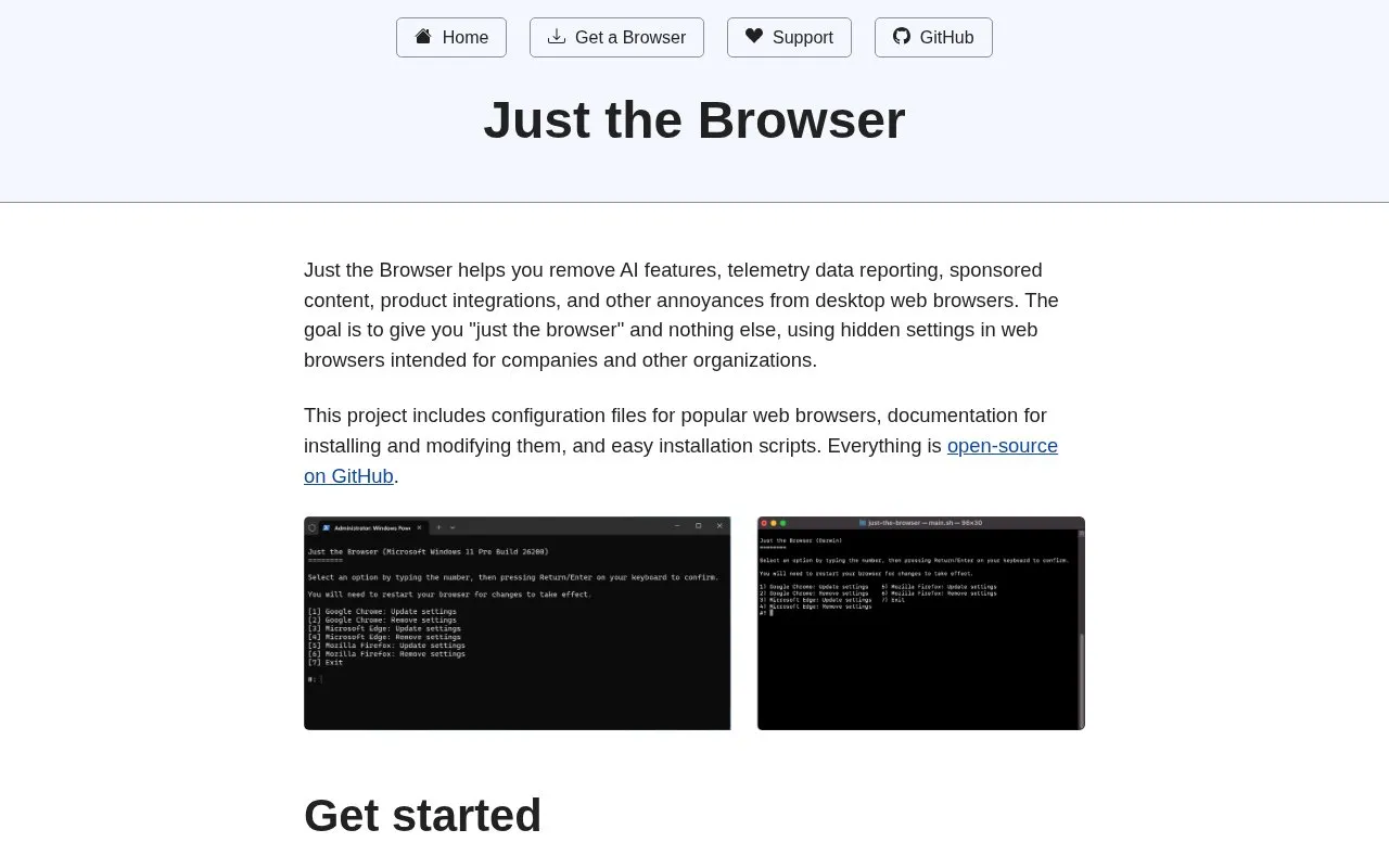 Just the Browser homepage screenshot