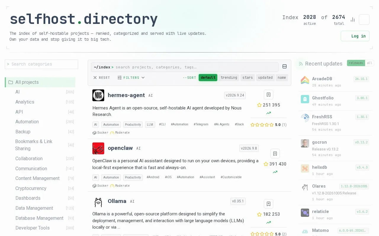 selfhost.directory homepage screenshot