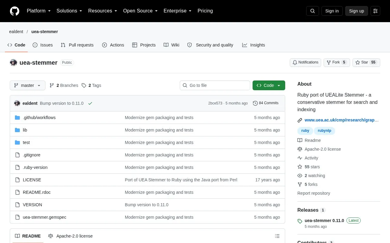 UEA Stemmer homepage screenshot