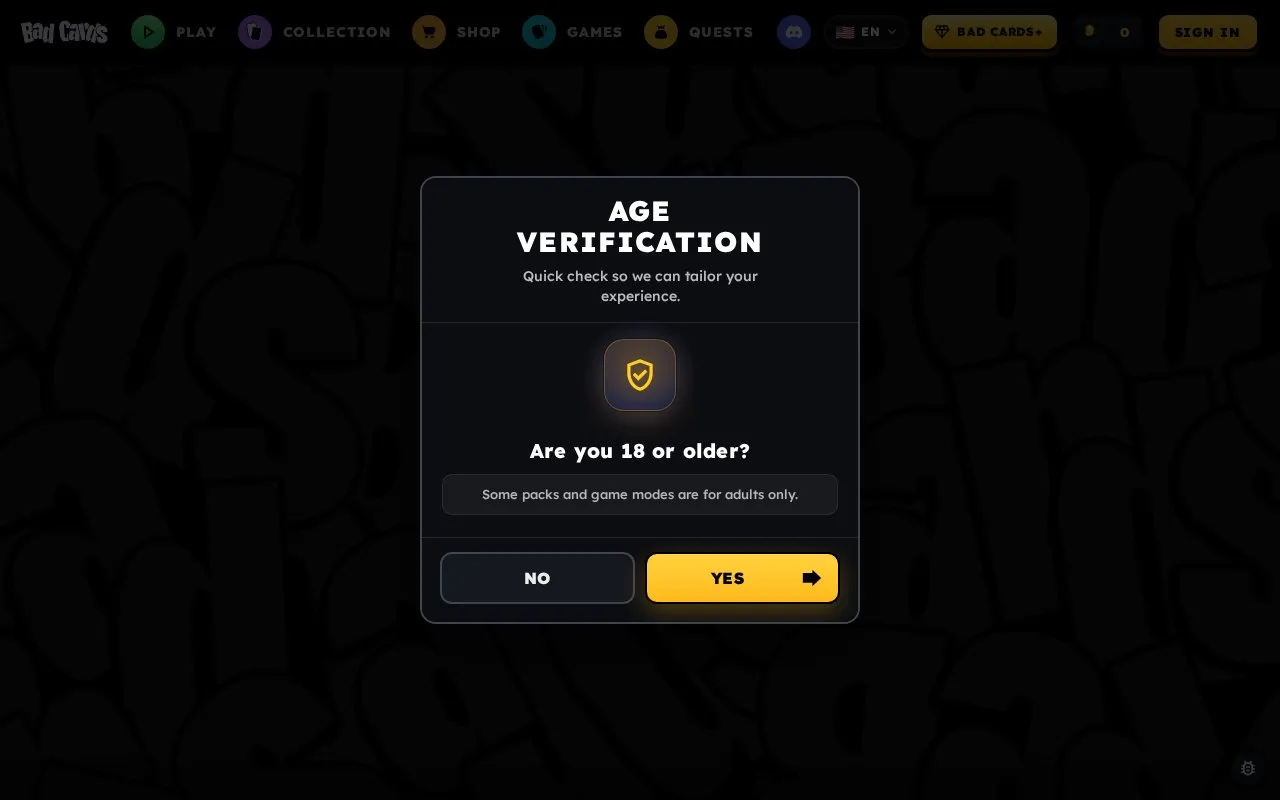 Bad Cards homepage screenshot
