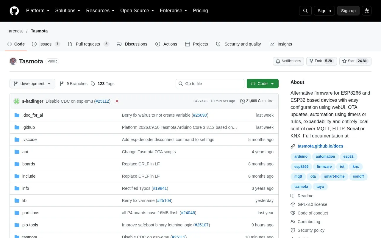 Tasmota homepage screenshot
