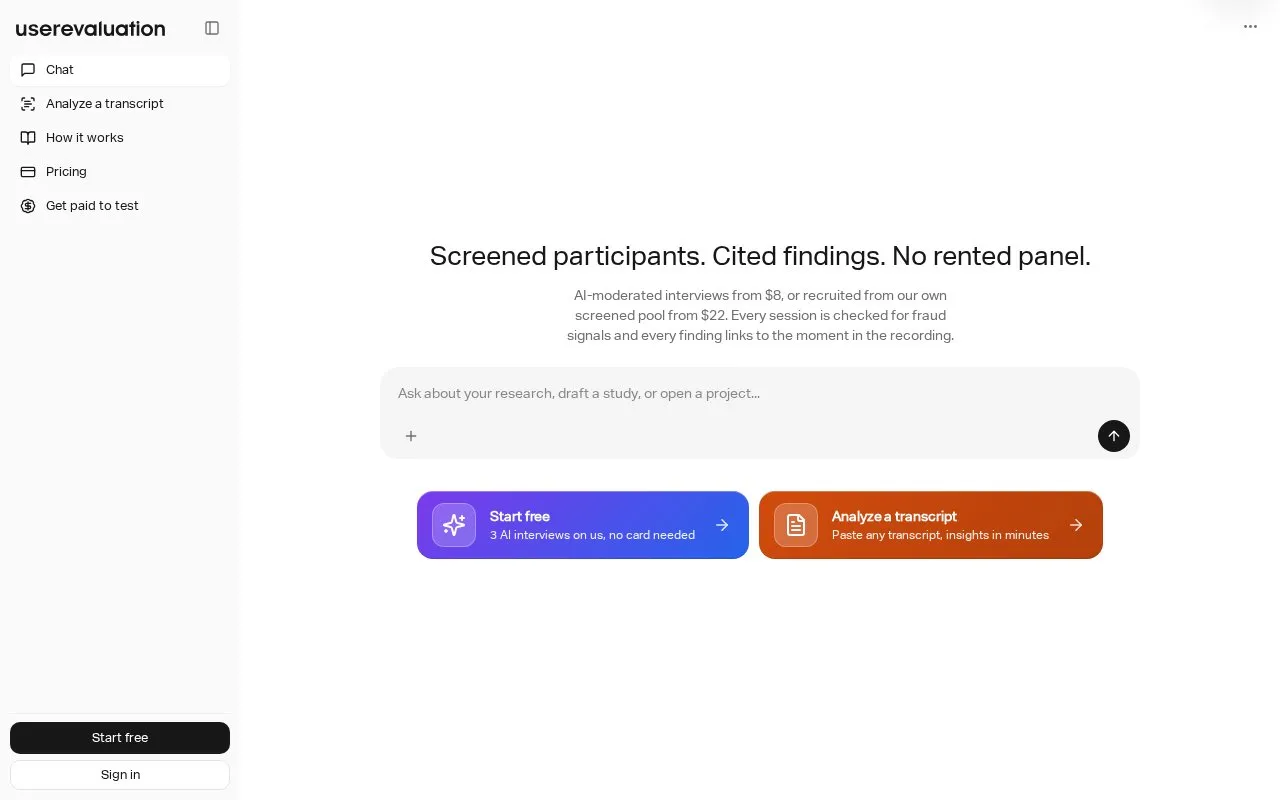 userevaluation homepage screenshot