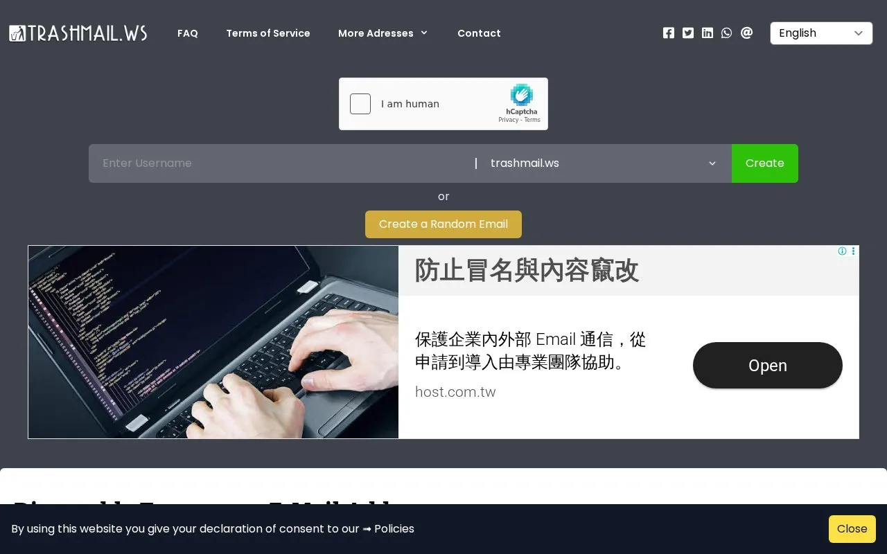 Trashmail homepage screenshot