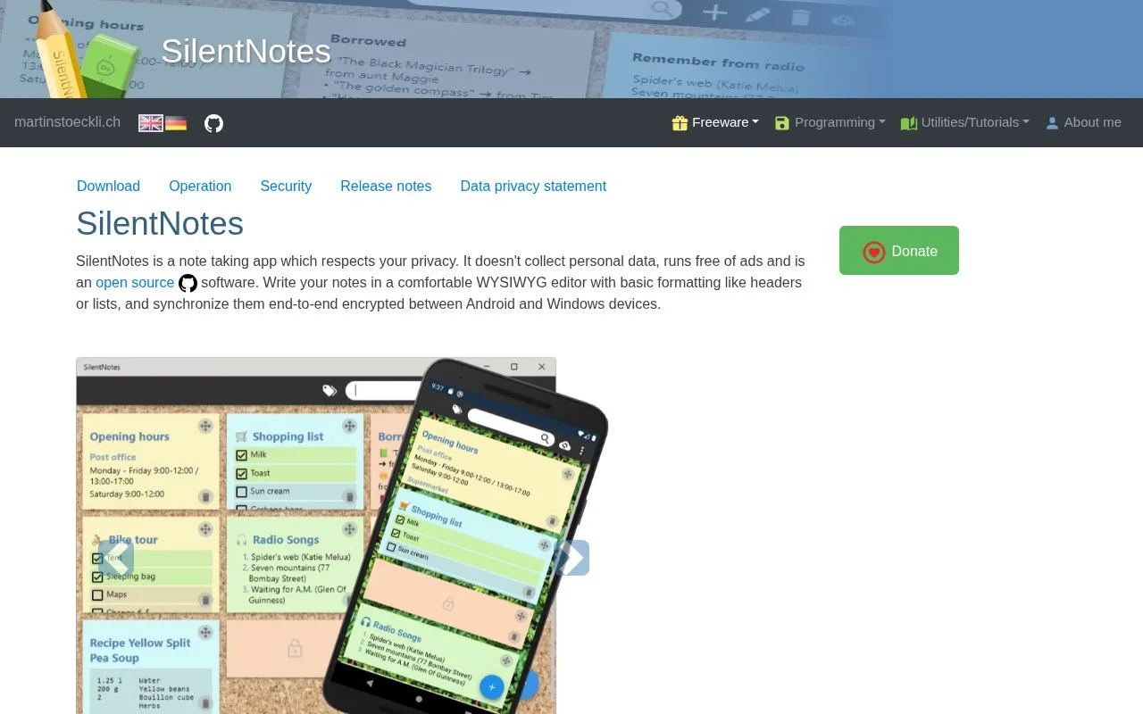 SilentNotes homepage screenshot