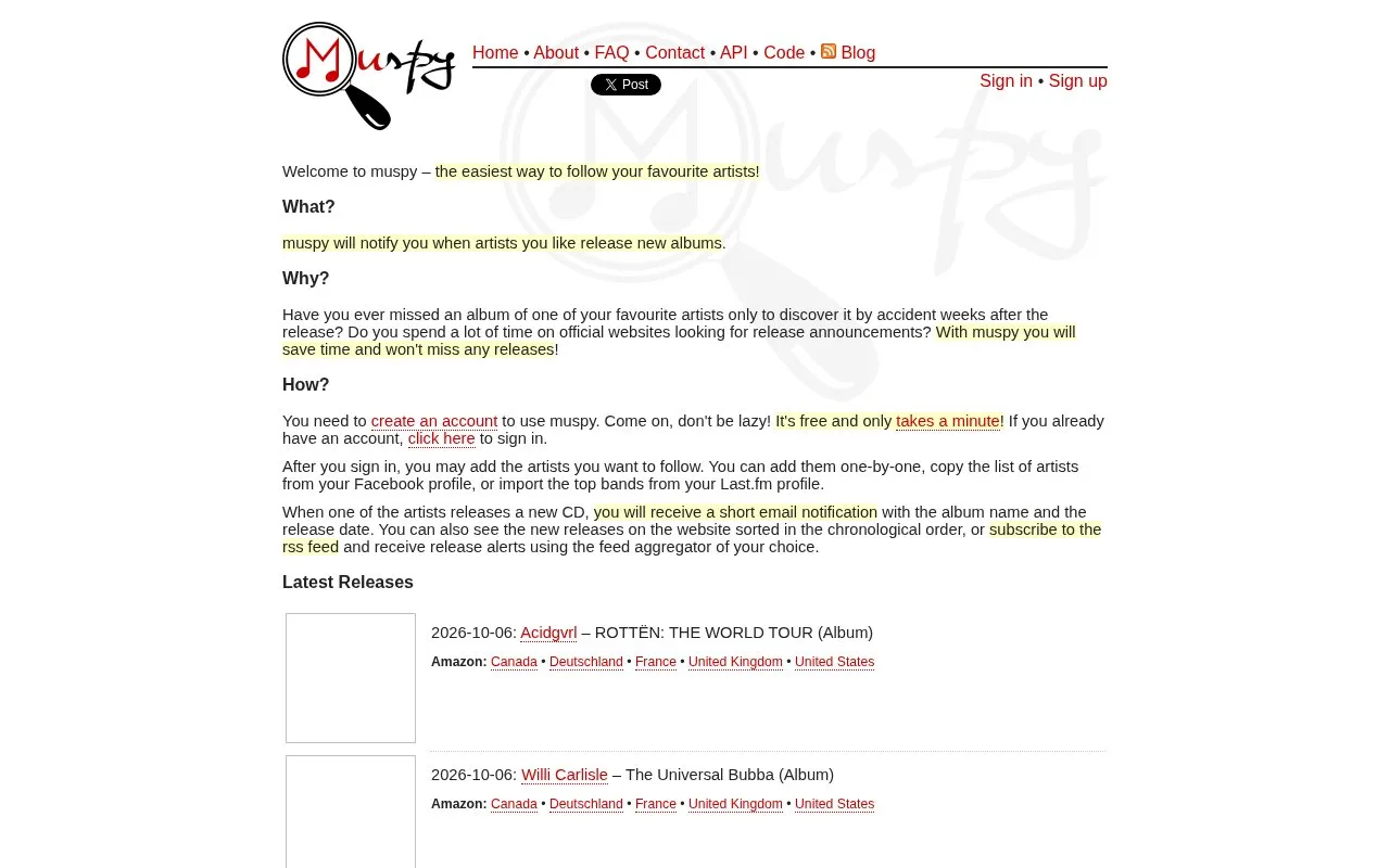 Muspy homepage screenshot