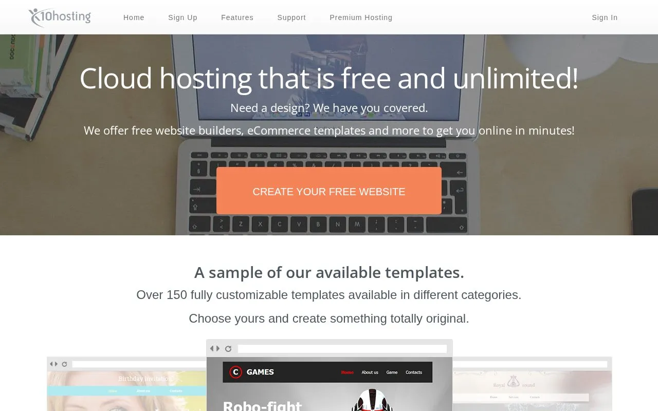 x10hosting homepage screenshot