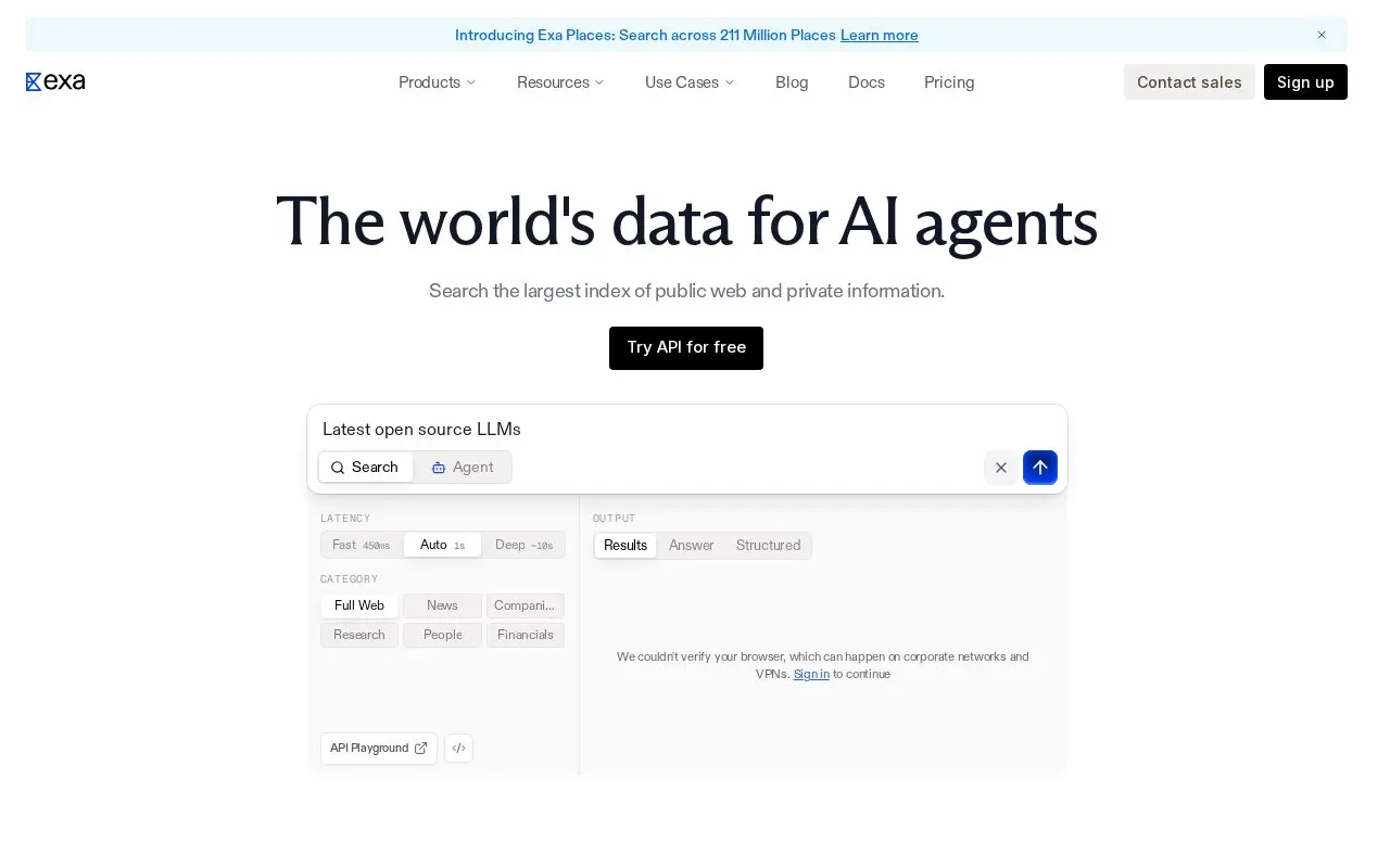 Exa AI homepage screenshot