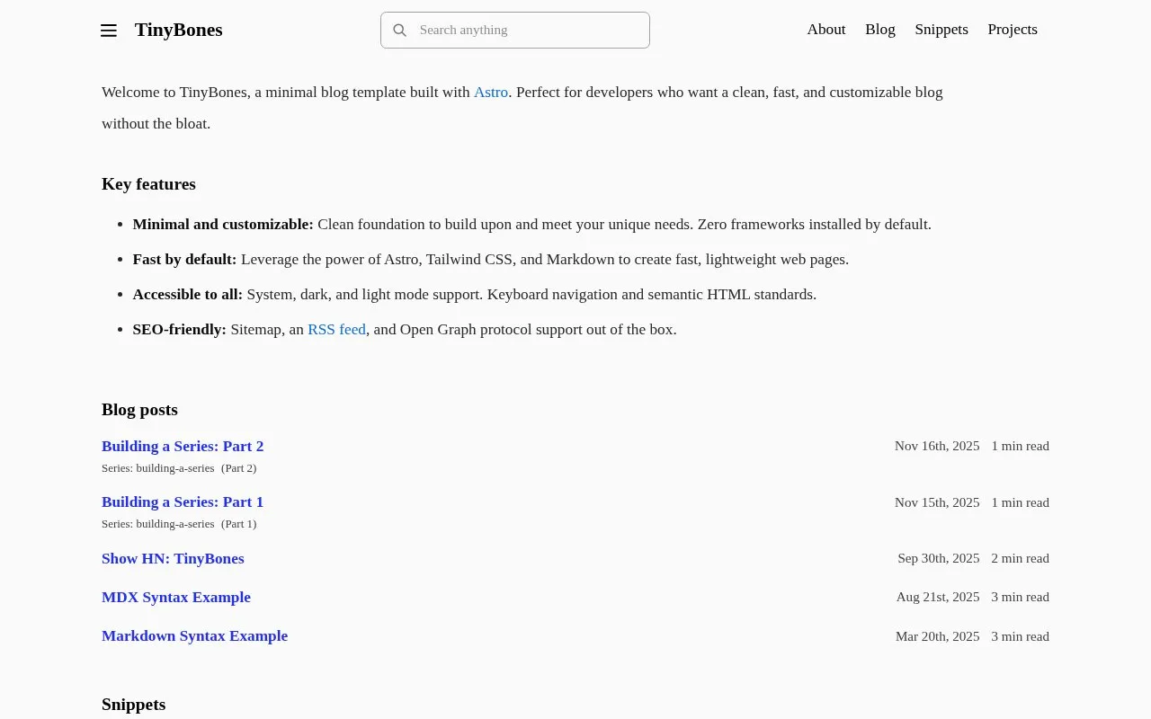 TinyBones homepage screenshot