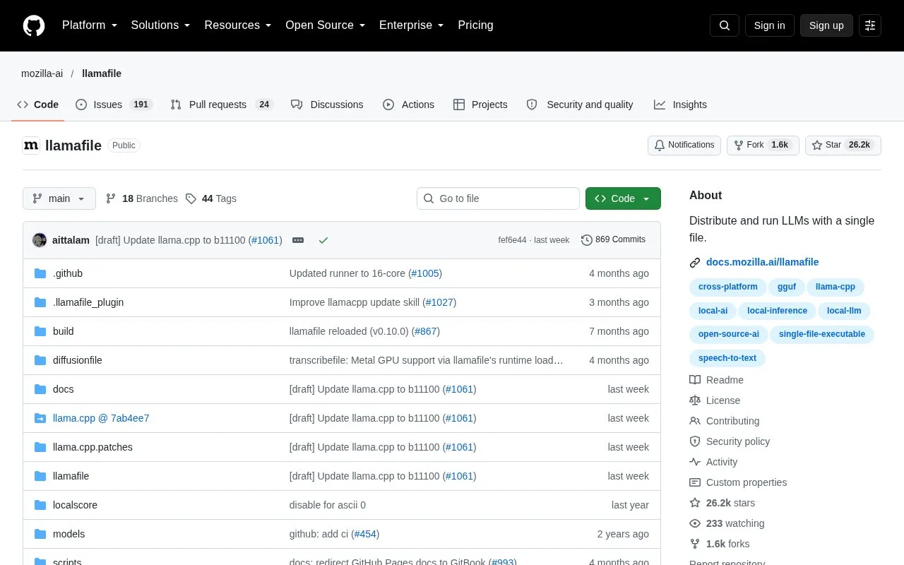 llamafile homepage screenshot