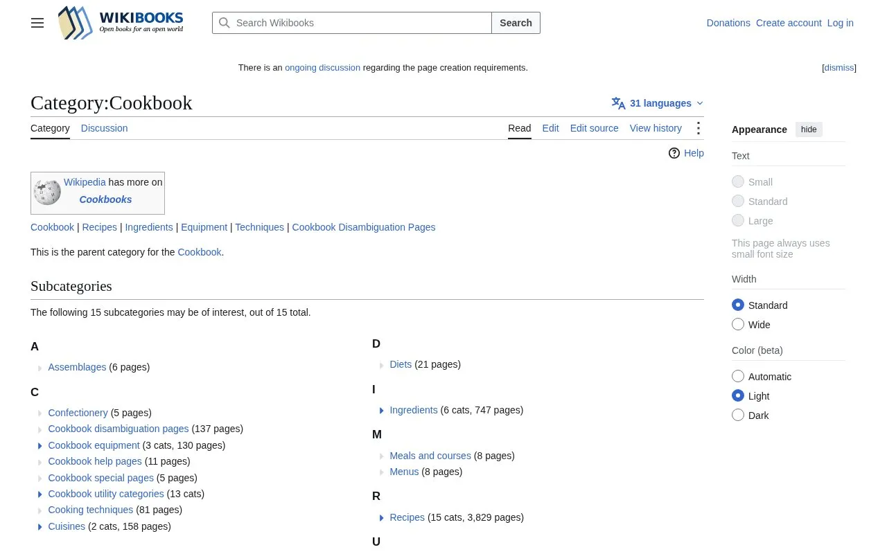 Wikibook Recipes homepage screenshot