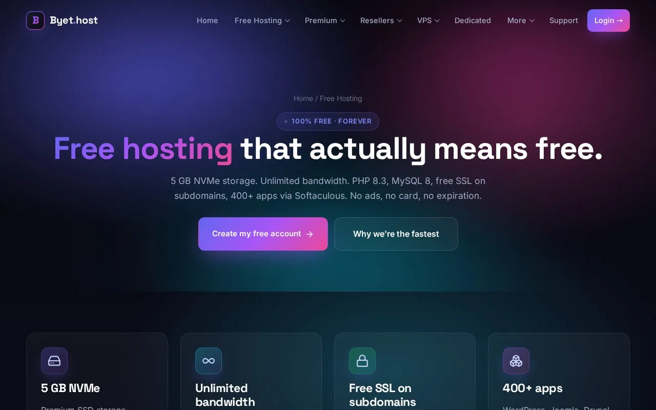 Free Hosting homepage screenshot