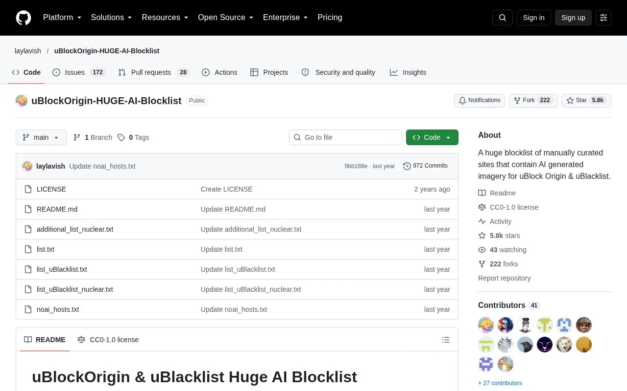 Huge AI Blocklist homepage screenshot