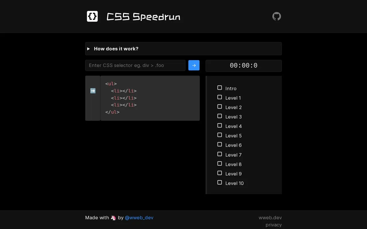 CSS Speedrun homepage screenshot