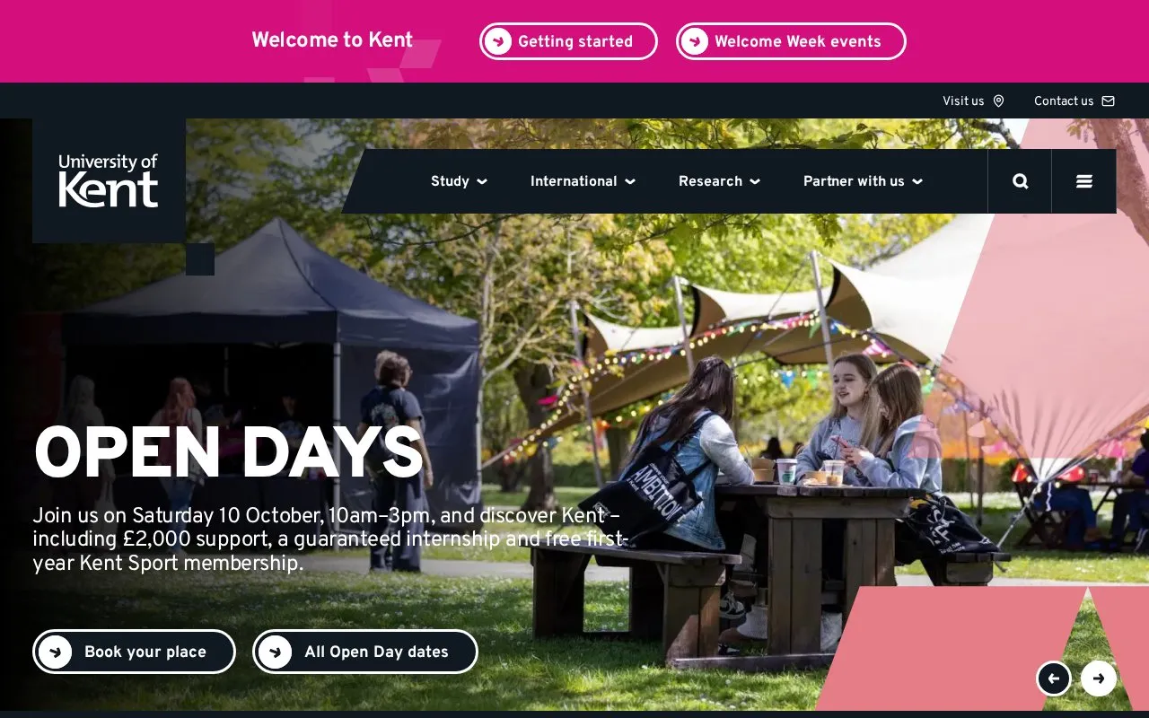 The University of Kent homepage screenshot