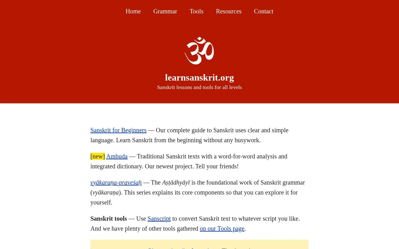 Learn Sanskrit homepage screenshot