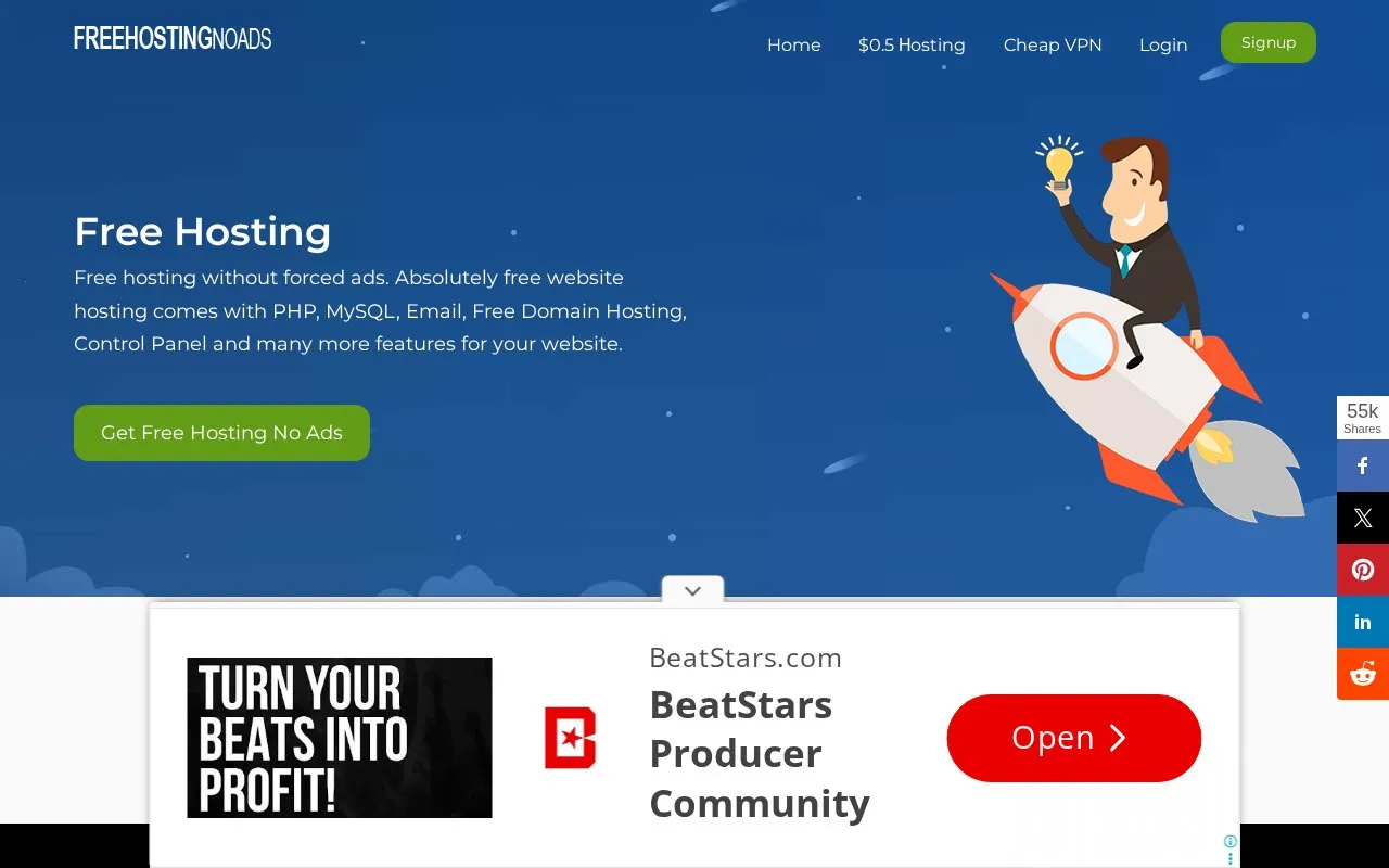 FreeHostingNoAds.net homepage screenshot