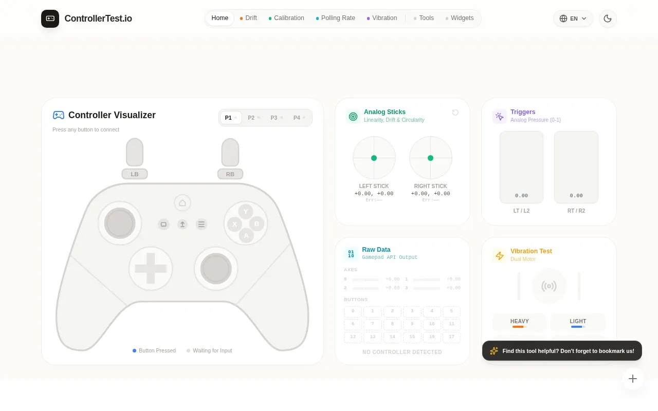 Controller Tester homepage screenshot