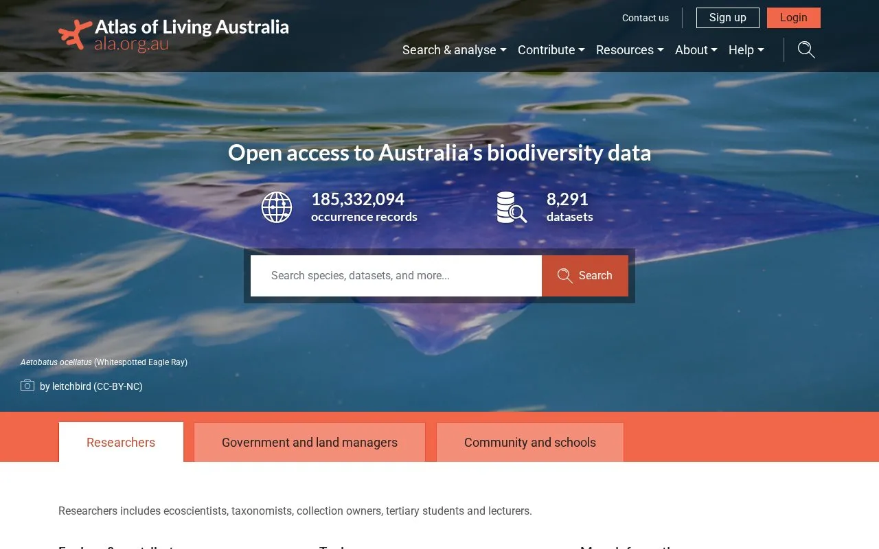 Atlas of Living Australia homepage screenshot