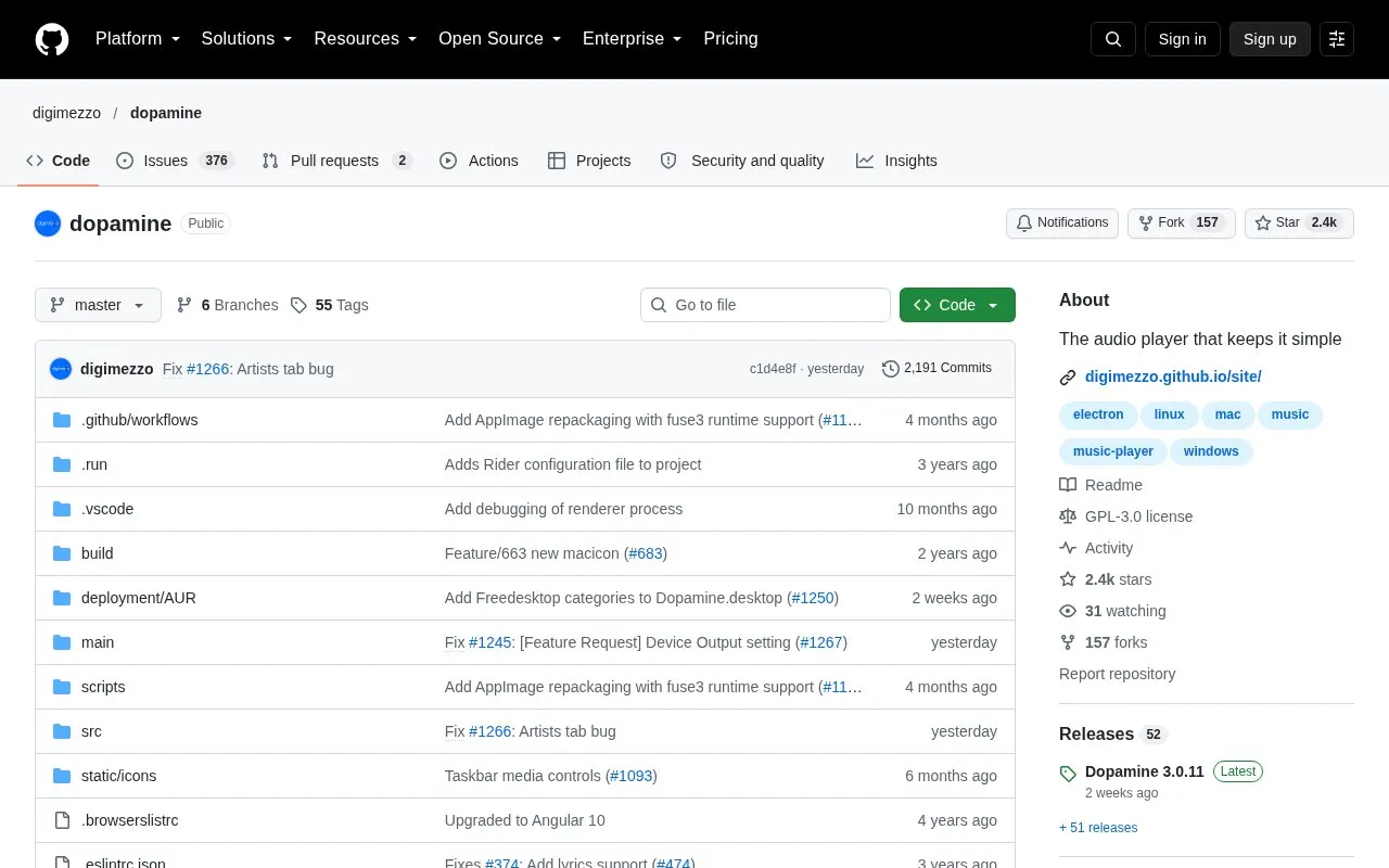 Dopamine homepage screenshot