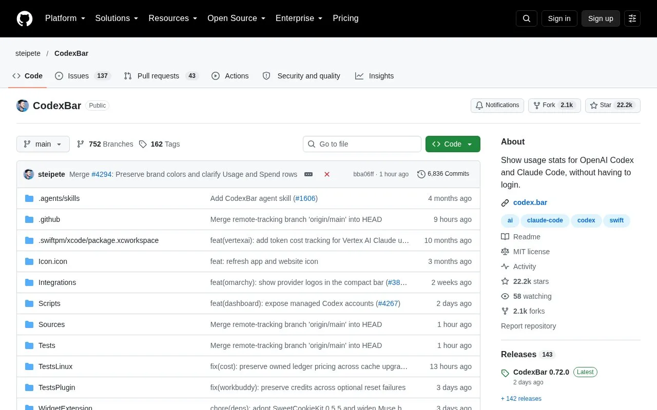 Codex Bar homepage screenshot