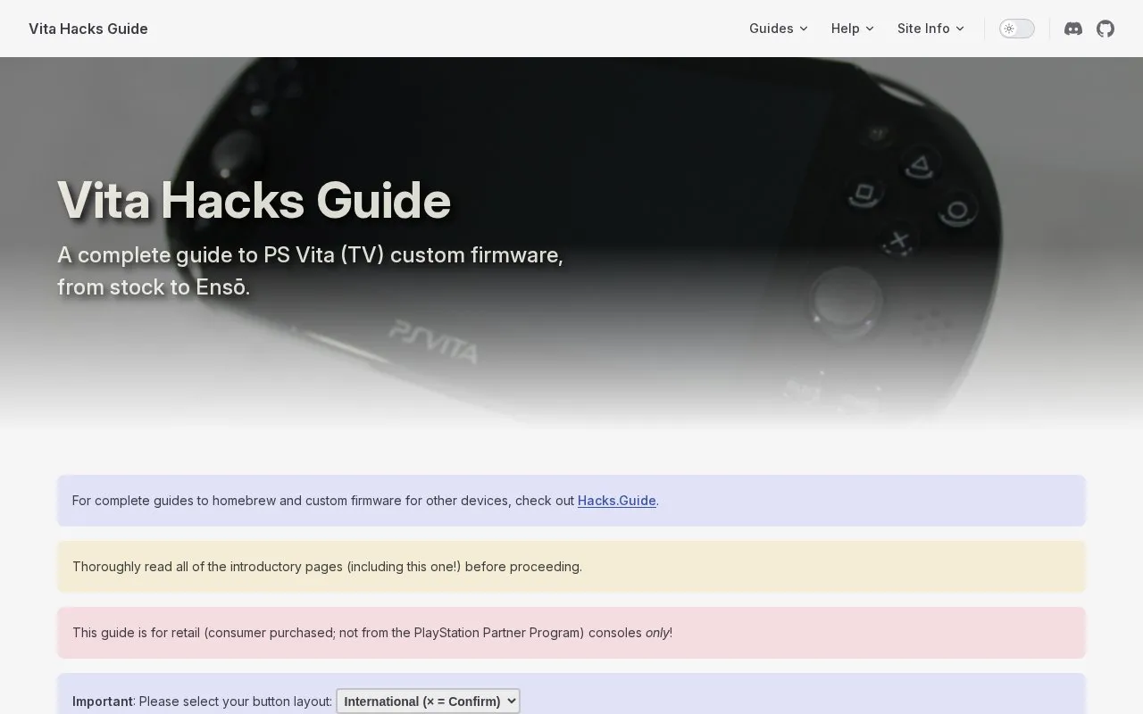 Vita Hacks Guide homepage screenshot