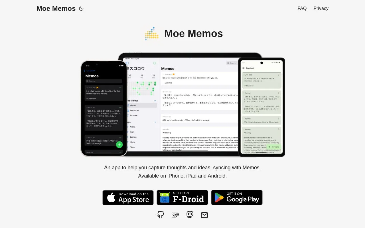 Moe Memos homepage screenshot