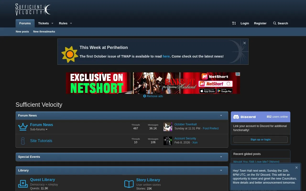 SufficientVelocity homepage screenshot