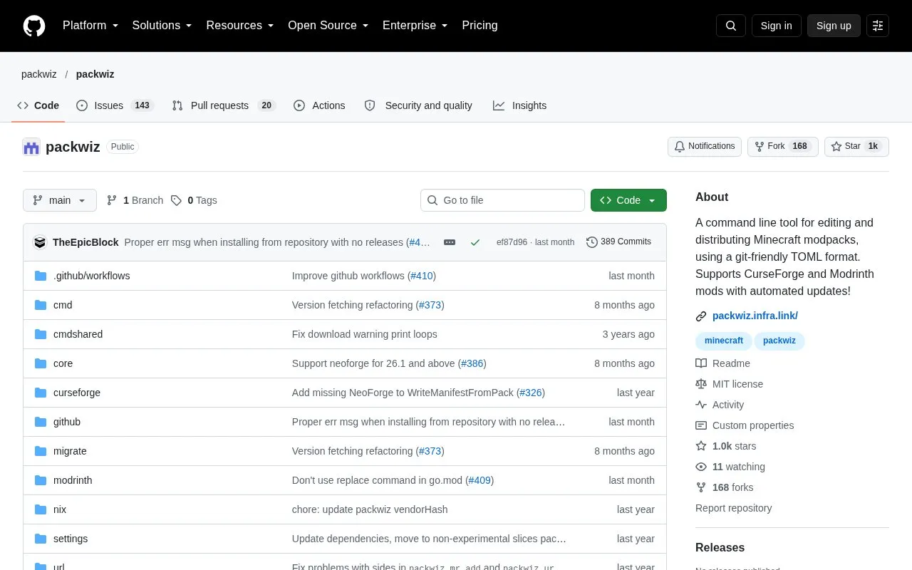 Packwiz homepage screenshot