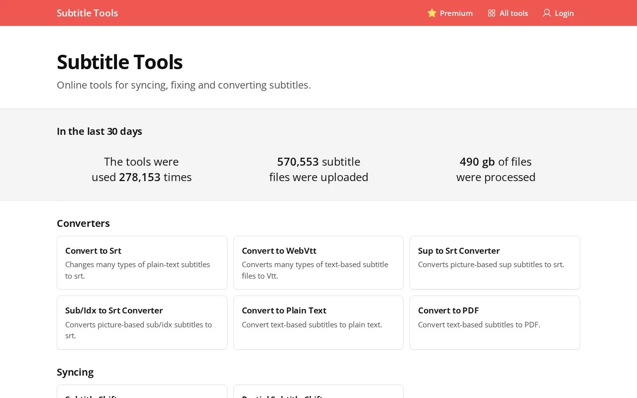 Subtitle Tools homepage screenshot