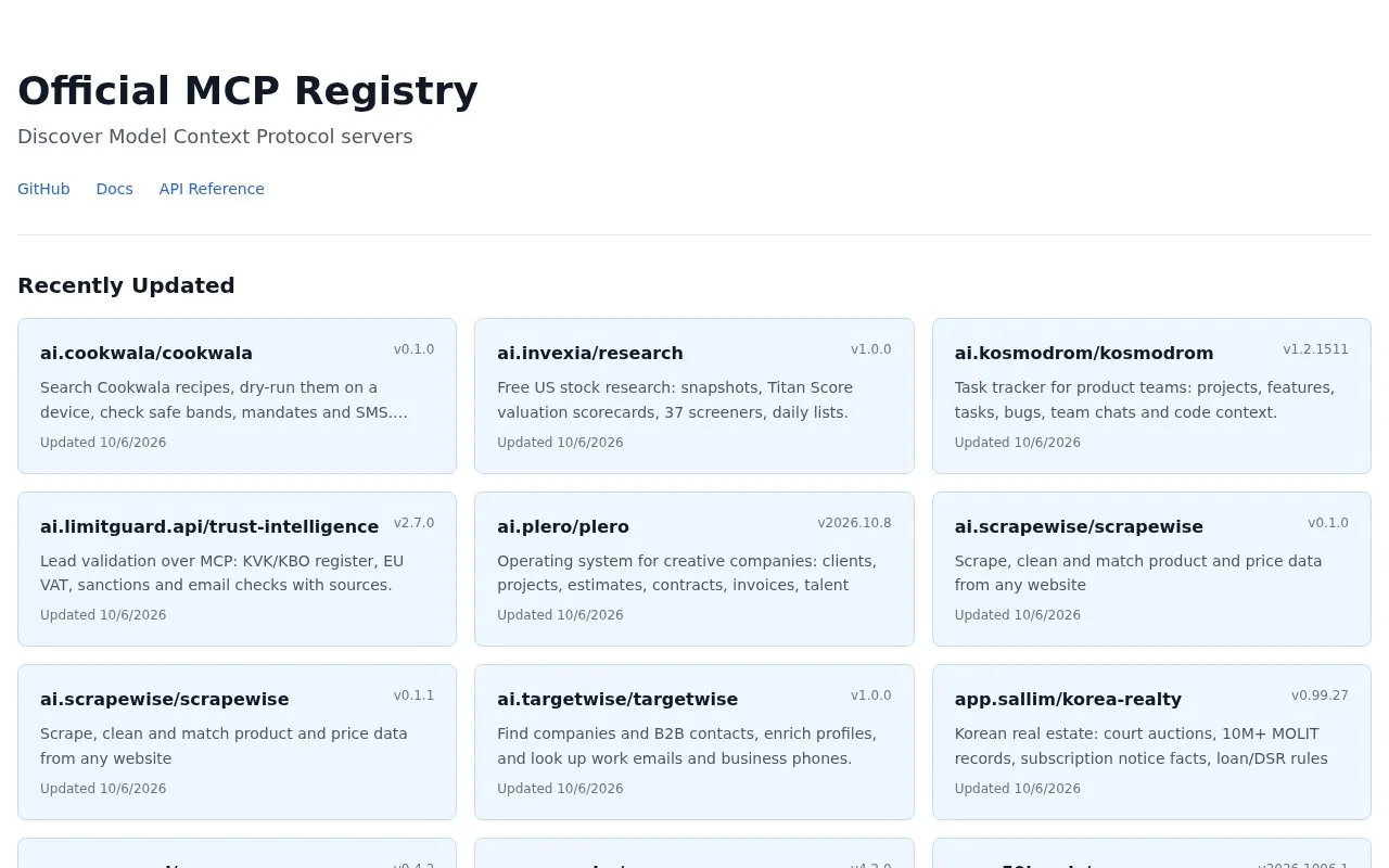 MCP Registry homepage screenshot