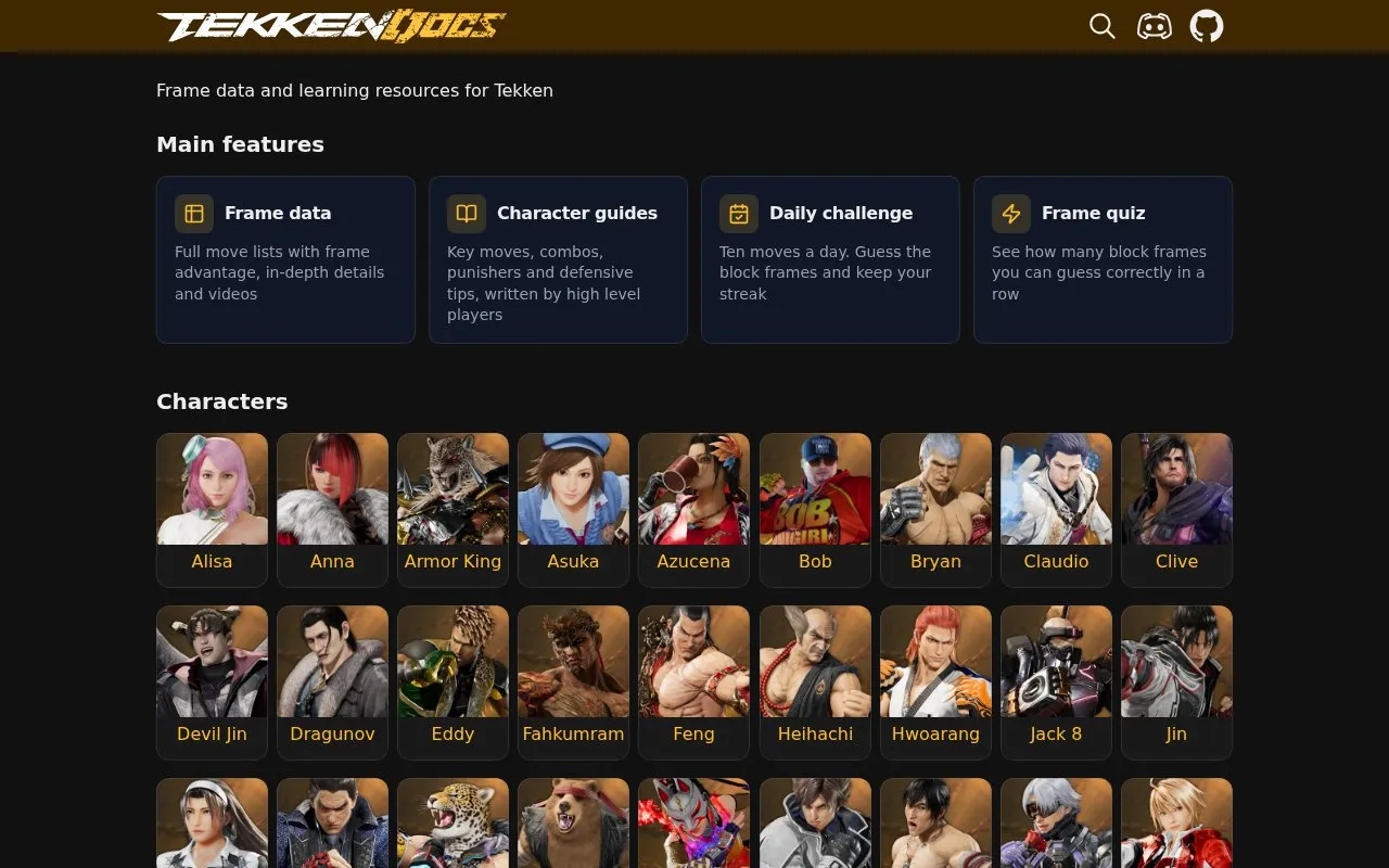 TekkenDocs homepage screenshot