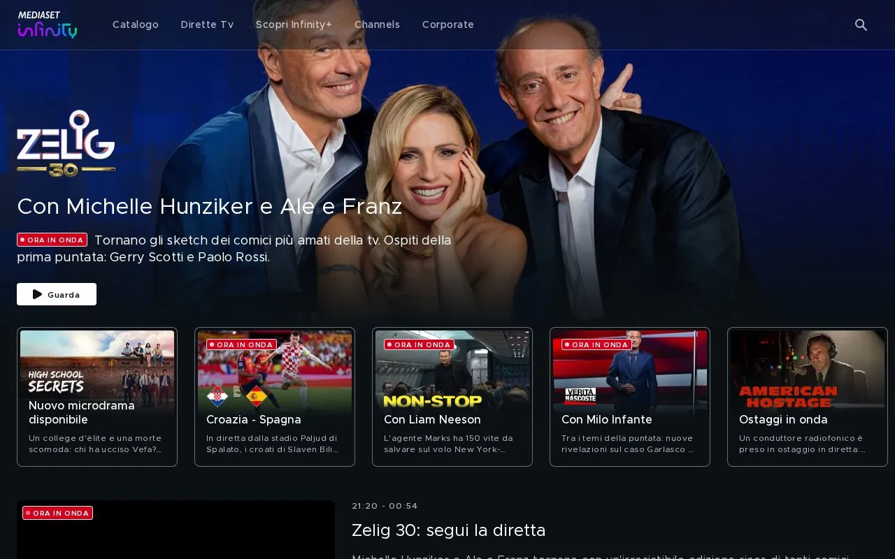 Mediaset Infinity homepage screenshot