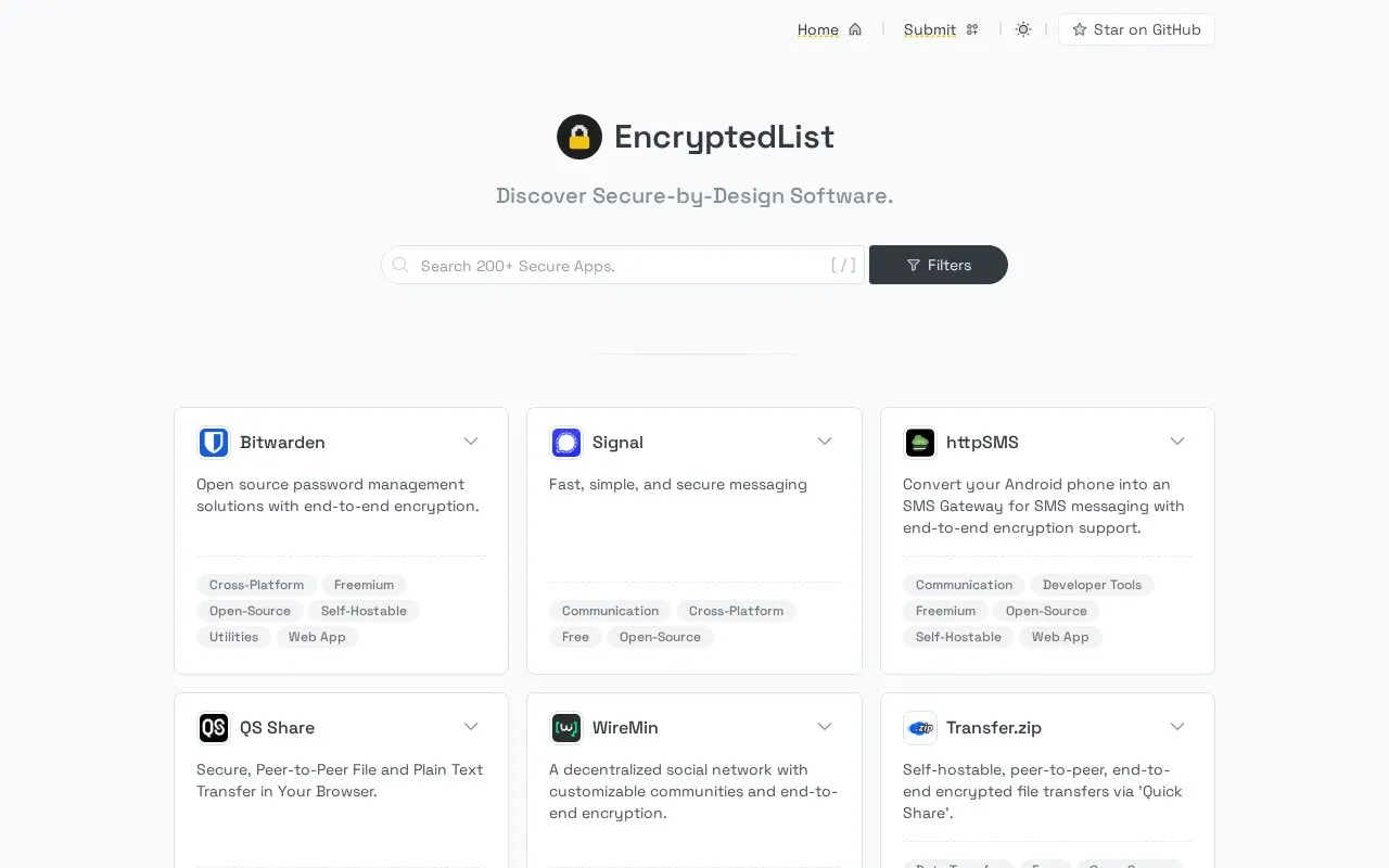EncryptedList homepage screenshot
