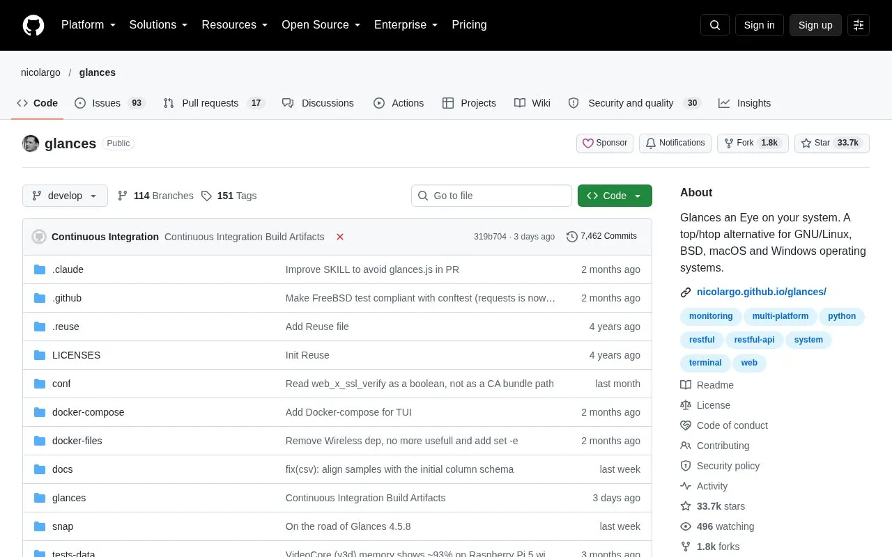 Glances homepage screenshot