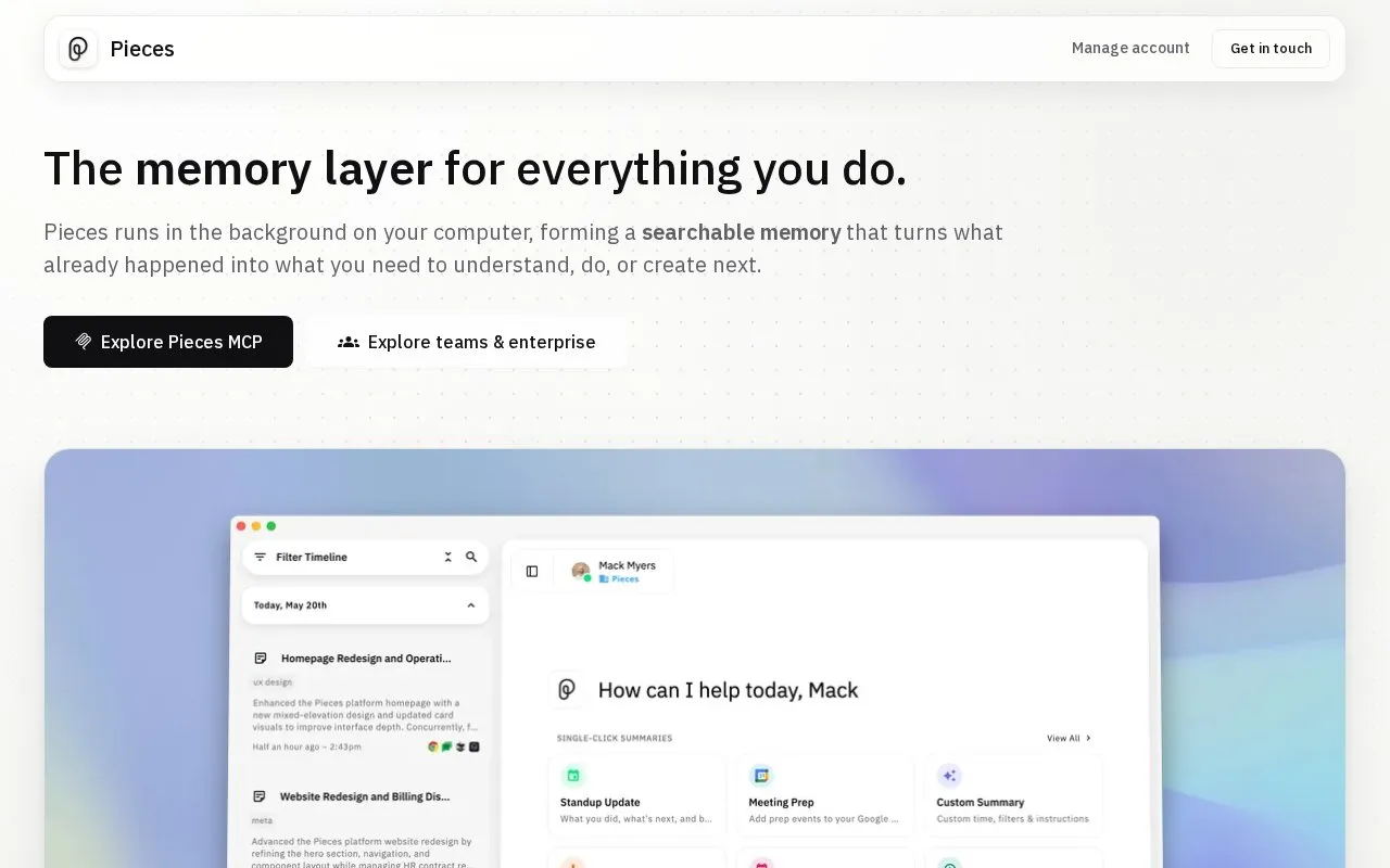 Pieces homepage screenshot