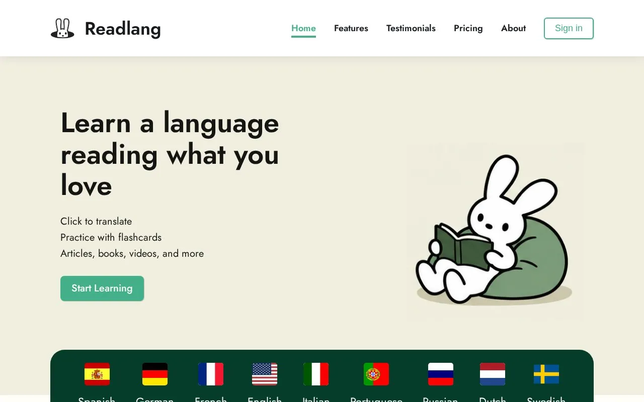 Readlang homepage screenshot
