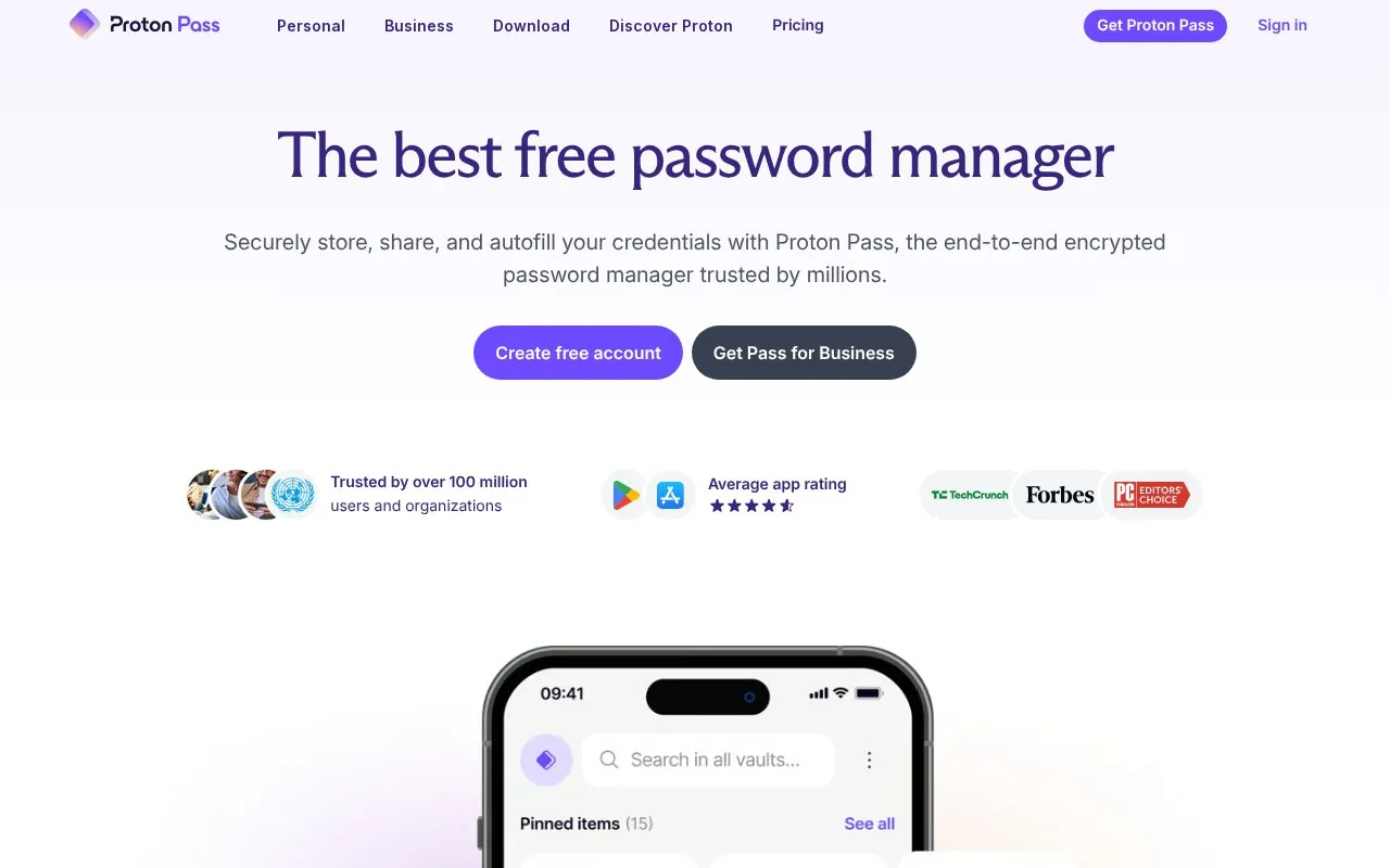 Proton Pass homepage screenshot
