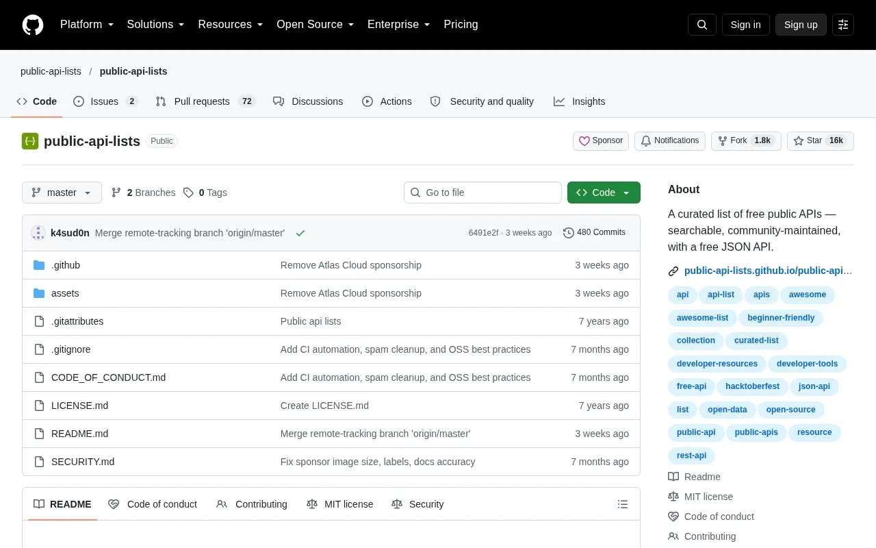 Public API Lists homepage screenshot